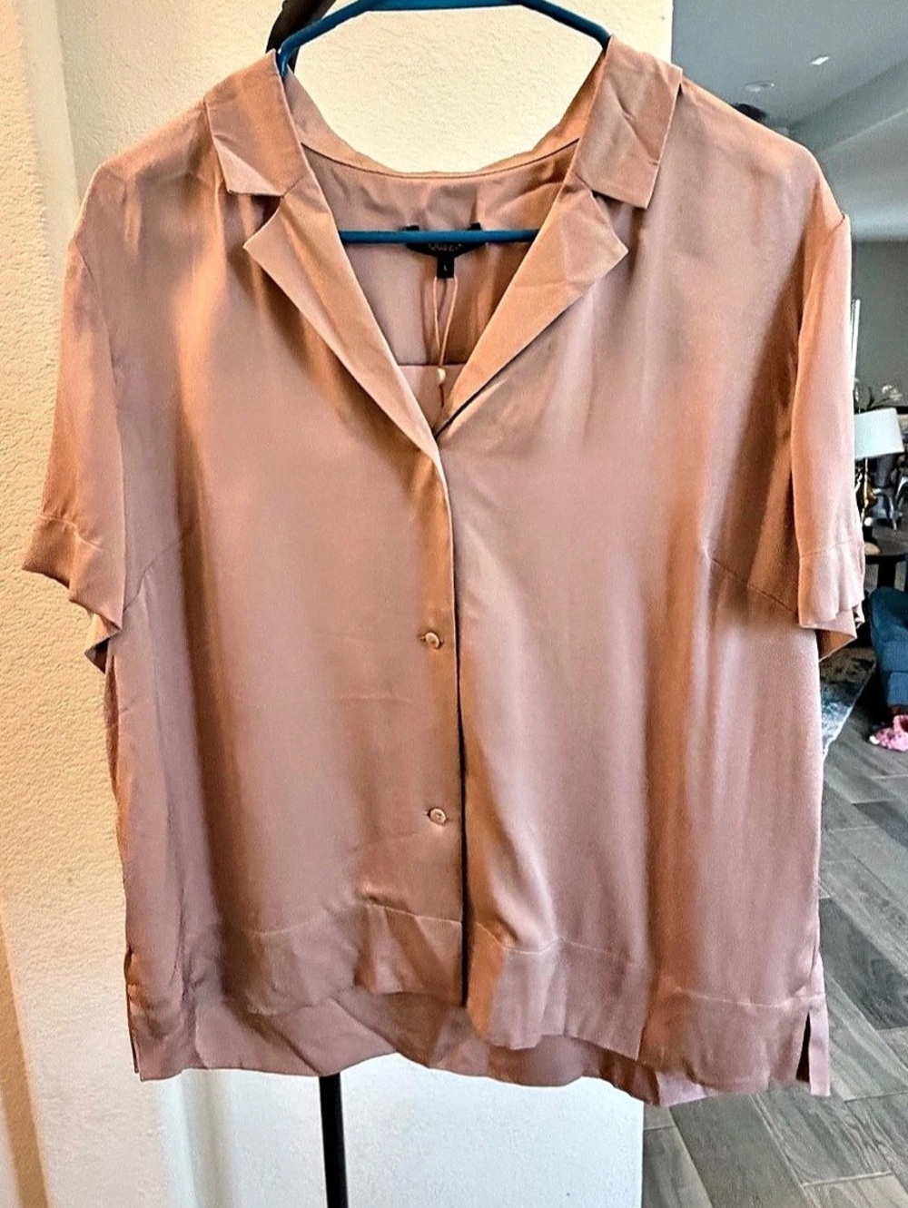 Quince Washable Stretch Silk Short Sleeve Notch Collar Blouse Vintage Pink L